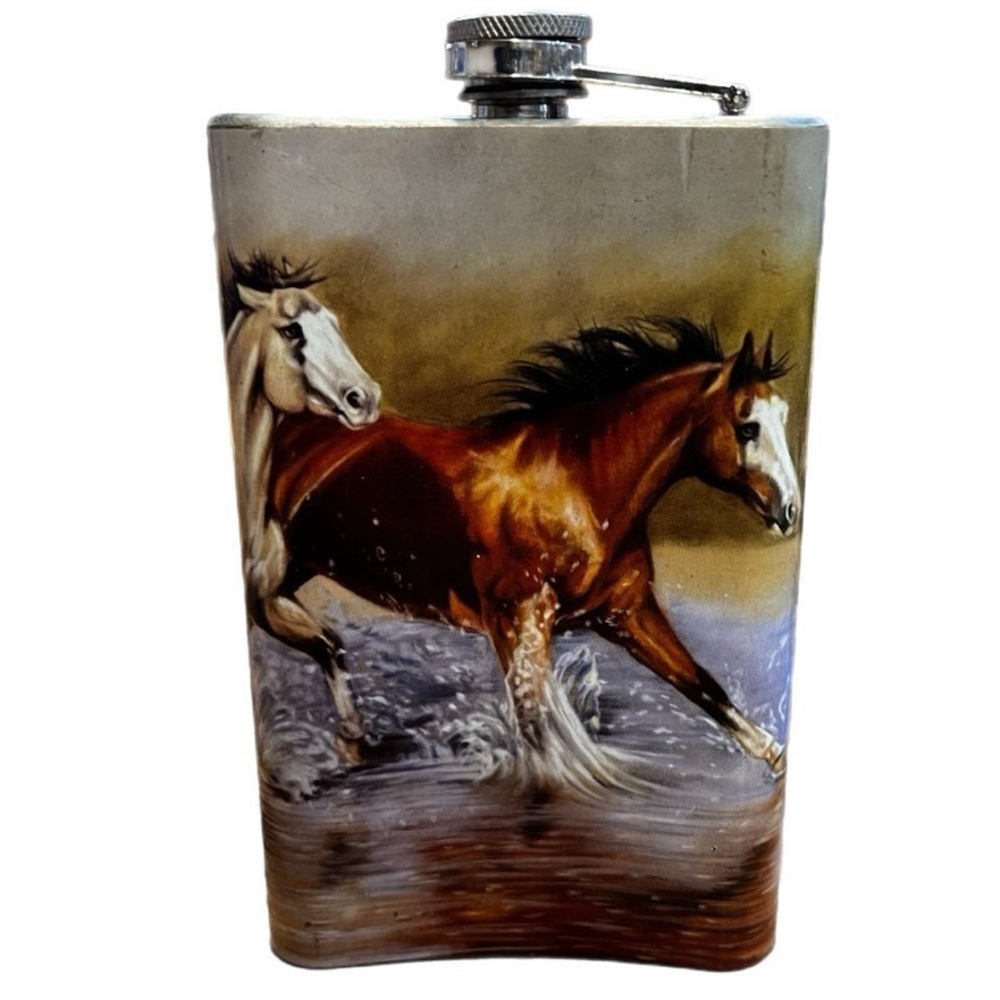 Hand painted vintage 9oz “wild horse” flask (signed) - Picture 2 of 7